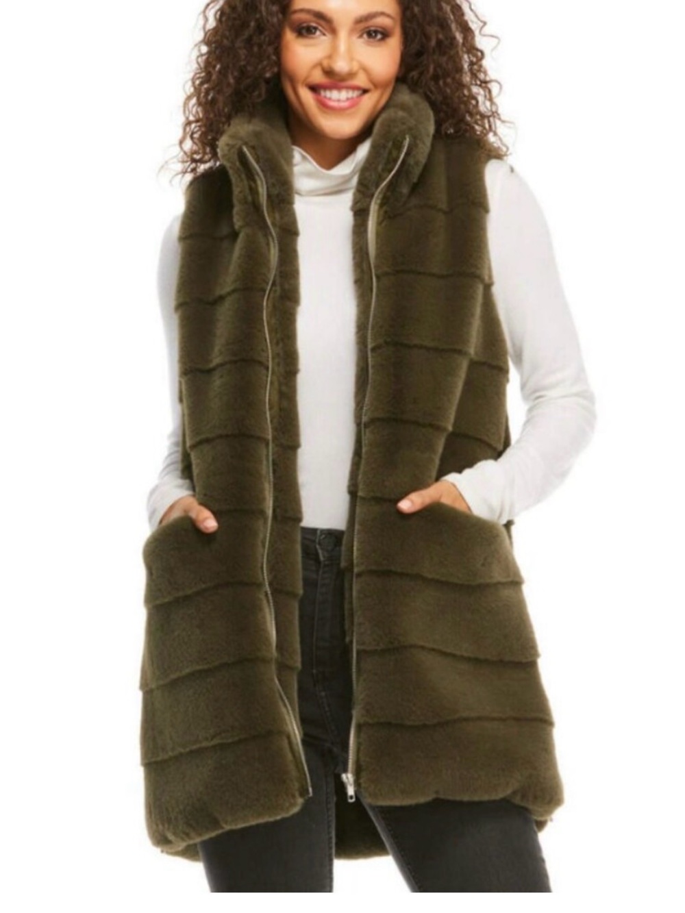 Fabulous Furs Olive Green Faux-Fur Zip Vest